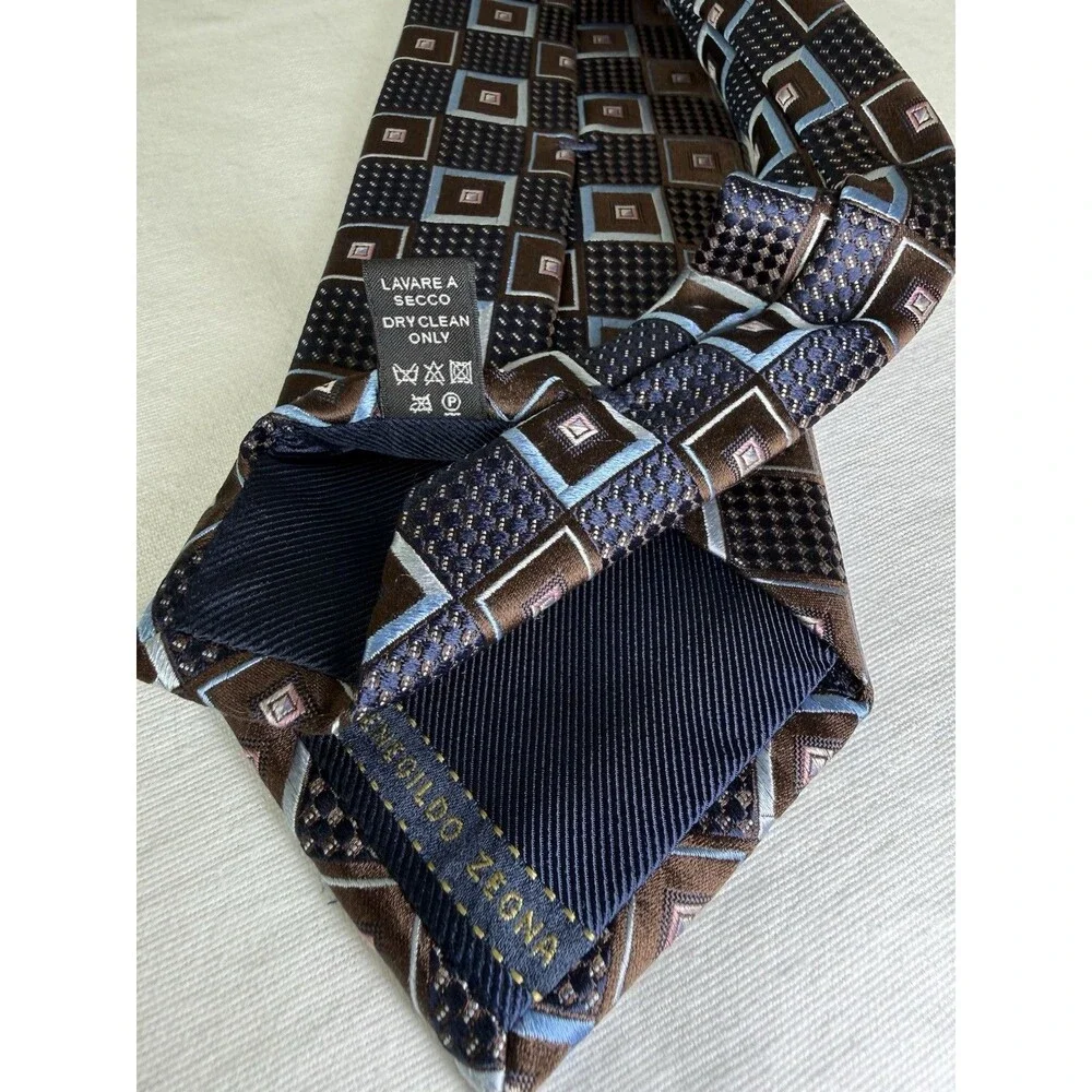 ERMENEGILDO ZEGNA Silk Necktie ITALY Luxury XXX Geometric Squares Textured Motif